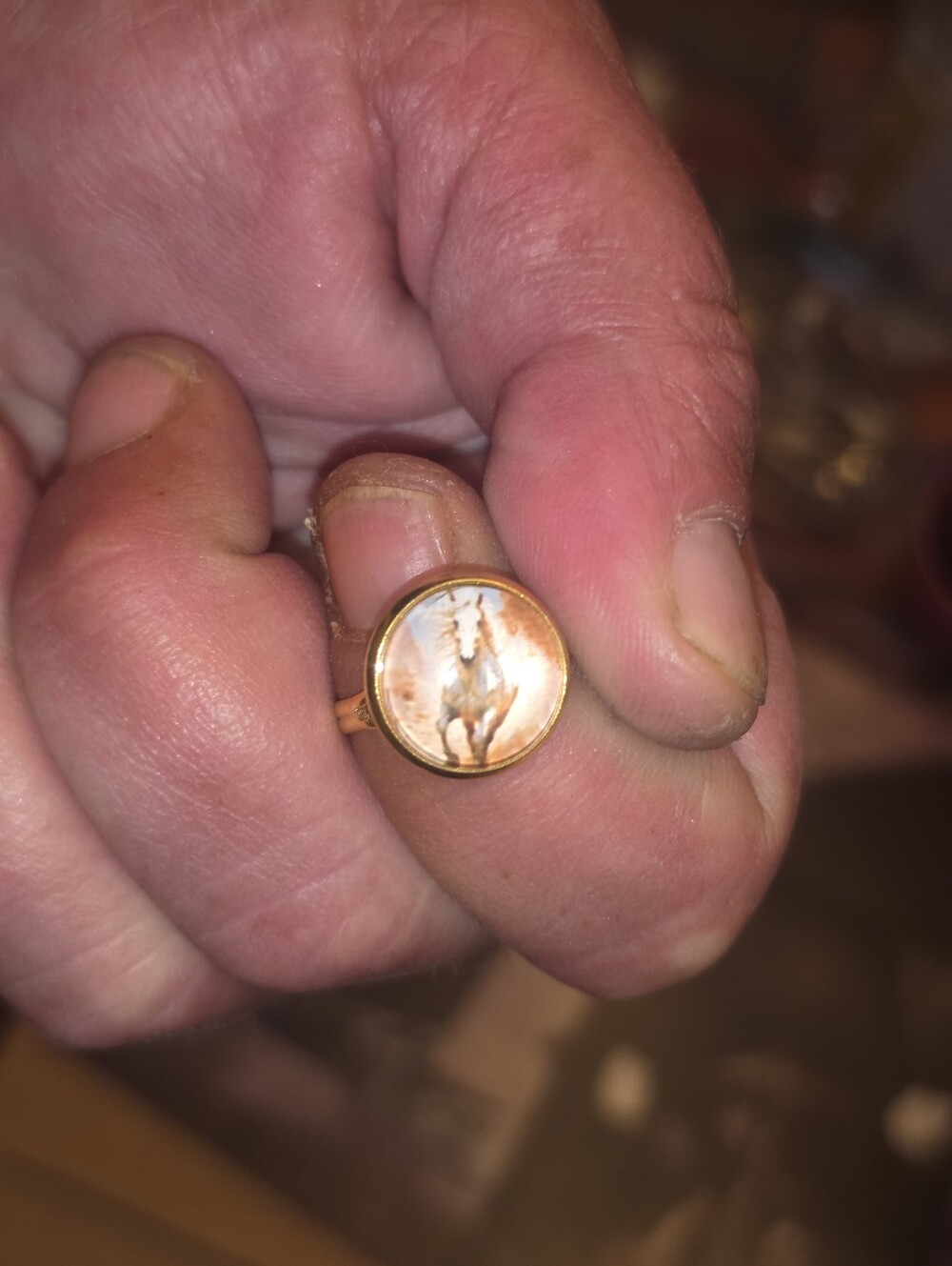 Glass Cabochon Of White Runnung Horse In Gold Bezel Ring Adjustable Size